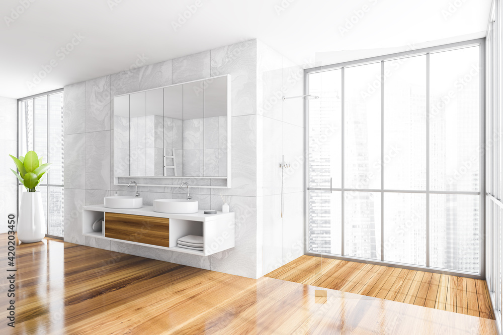 Fototapeta premium Bathroom interior. Two sinks with mirrors and shower with glass doors