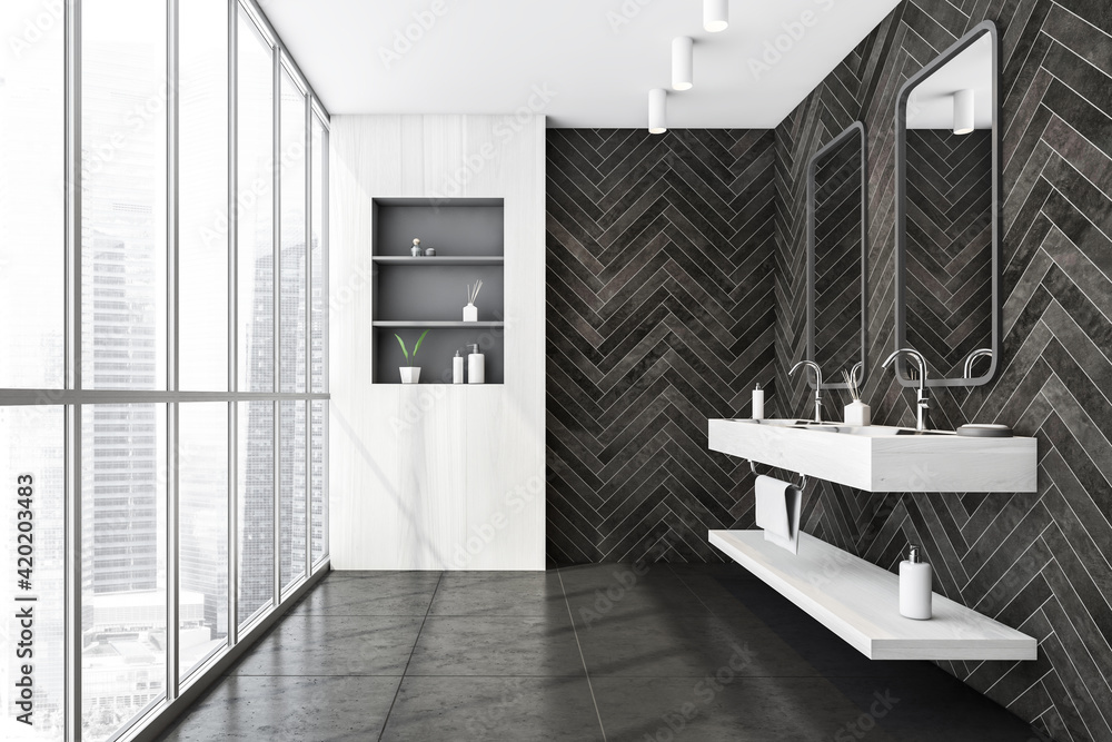 Two sinks with mirrors and tiled floor Two sinks with mirrors and tiled floor