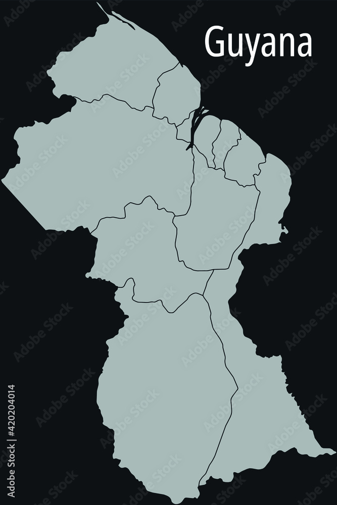 Contour vector map of Guyana with the designation of the administrative borders of the regions on a dark background.