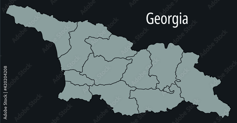 Contour vector map of Georgia with the designation of the administrative borders of the regions on a dark background.