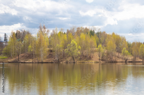 Spring landscape. Lake, forest and village behind the trees.