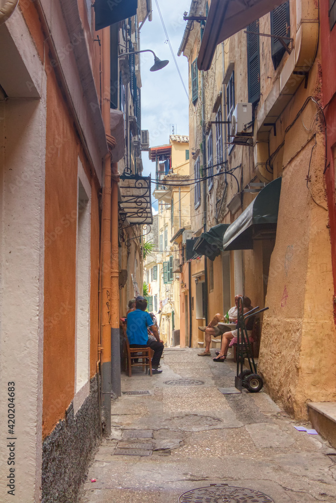 The island of Corfu. Streets of the city of Kerkyra, Ancient architecture. Summer landscape.