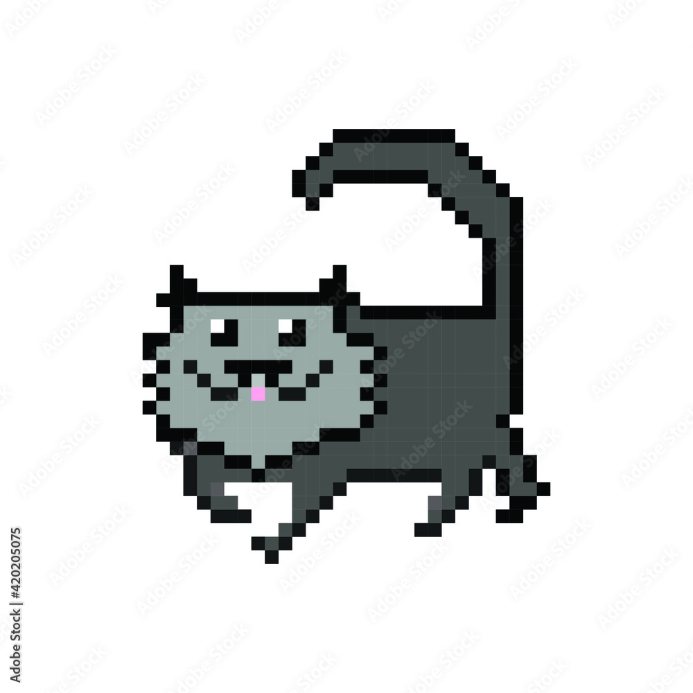 Grey mischievous cat bully in pixel art style on white background Grey mischievous cat bully in pixel art style on white background