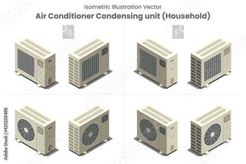 Isometric Vector Condensing unit
Isometric vector as flat design of household air conditioner or condensing unit as all side and shadow installation outside house or balcony residential equipment