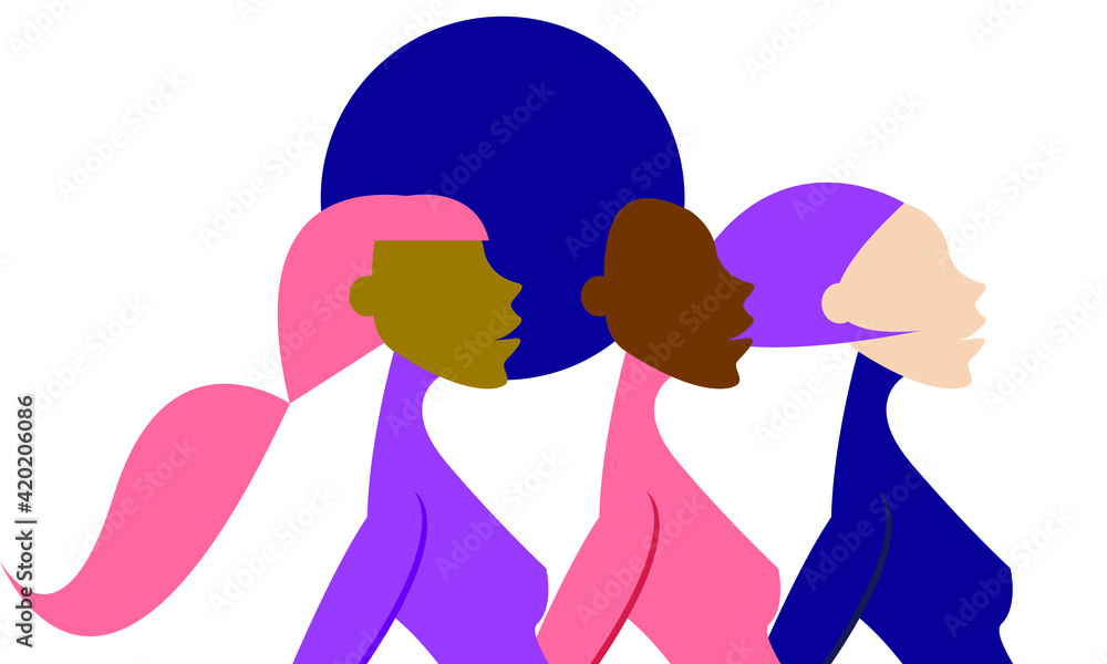 Vector illustration - three beautiful women of different ethnic groups with different hairstyles and skin color close-up isolated with a profile face. Concept-Women's Day Vector illustration - three beautiful women of different ethnic groups with different hairstyles and skin color close-up isolated with a profile face. Concept-Women's Day