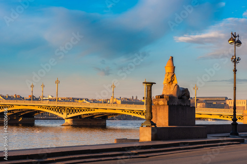 Bridges of Saint Petersburg. Russia in sunny weather. Sphinx near Blagoveshchenskoe Moscow. Sphinx on banks of Neva. Panorama of Saint Petersburg. Tourism in Russian Cities. Guide to sights of Russia