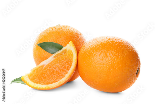 Ripe oranges on white background