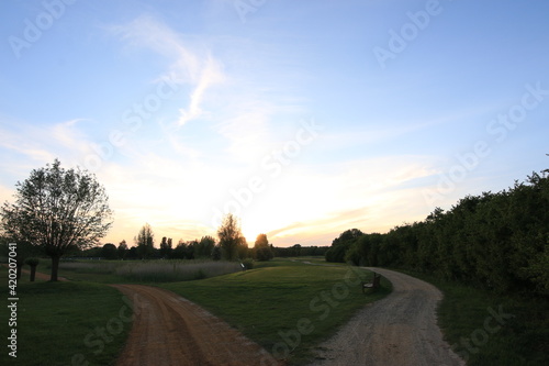 Golfcourse with beautiful sky and lights with green grass
