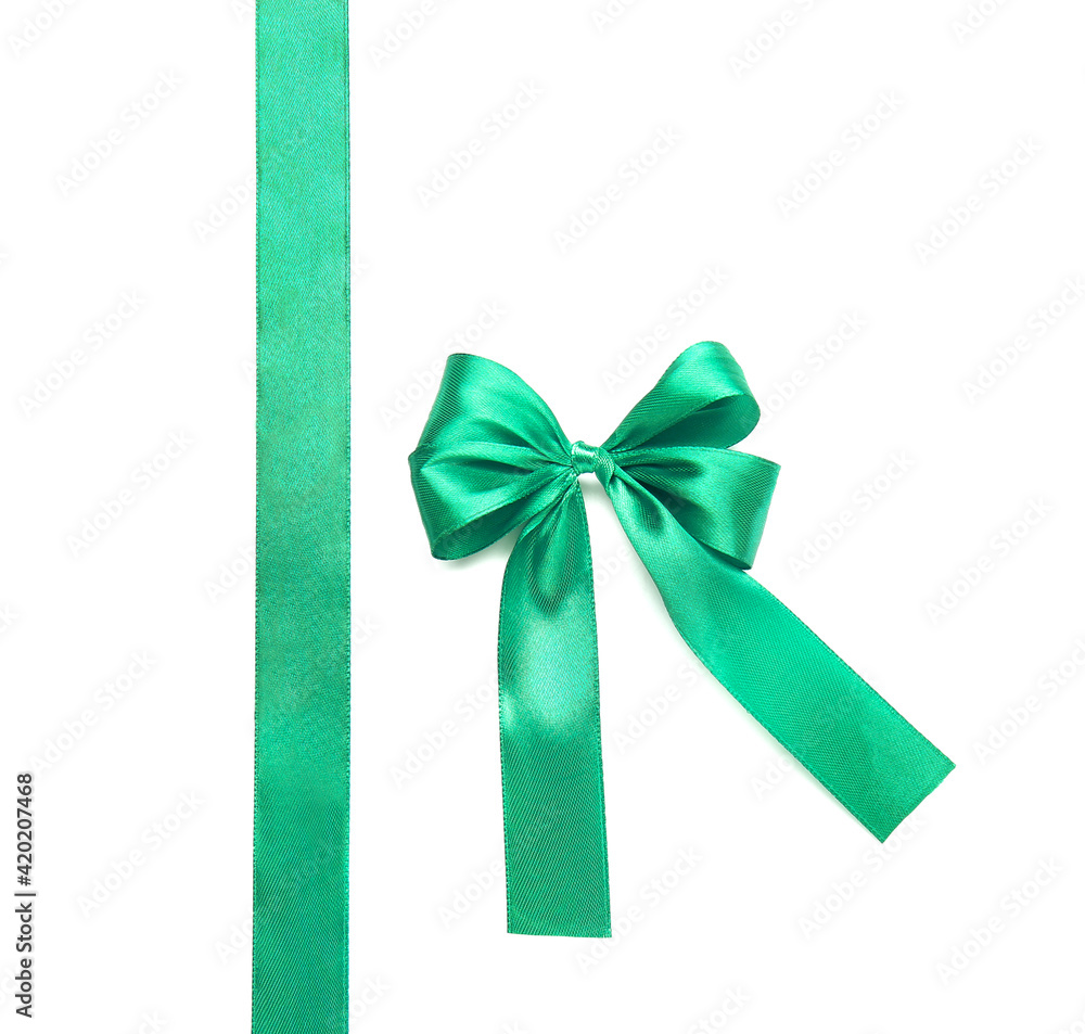 Beautiful green ribbon with bow on white background Beautiful green ribbon with bow on white background