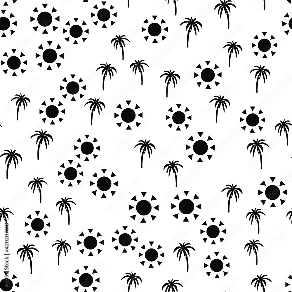 Black and white beach pattern with palm trees and sun for fabrics Black and white beach pattern with palm trees and sun for fabrics