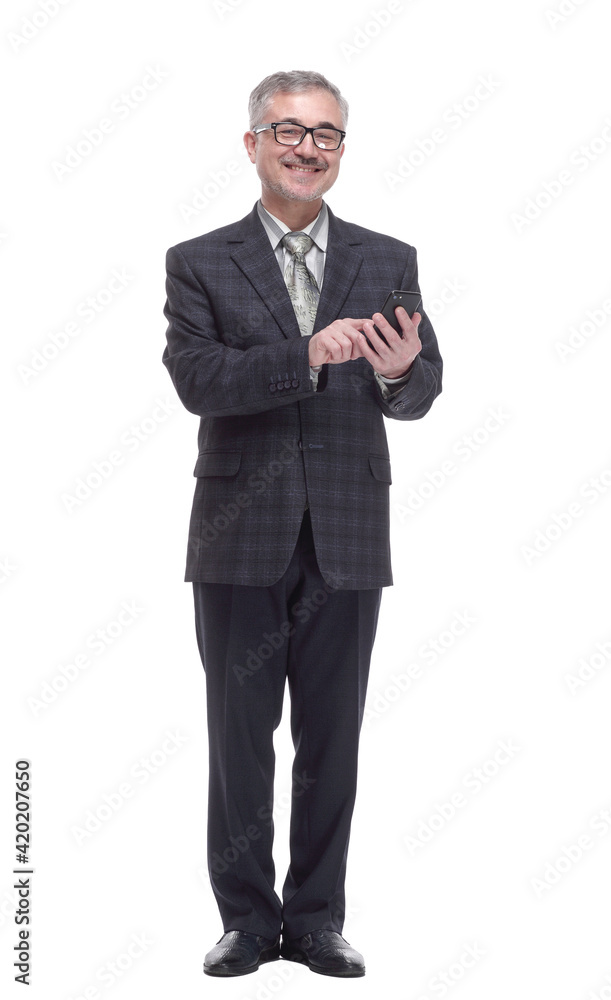 smiling elderly man with a smartphone . isolated on a white smiling elderly man with a smartphone . isolated on a white