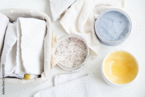 Composition of spa treatment on white background. Top view.