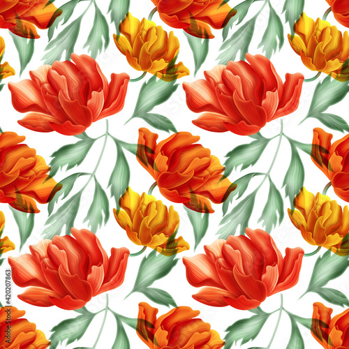 Seamless tropical flower, plant and leaf pattern background