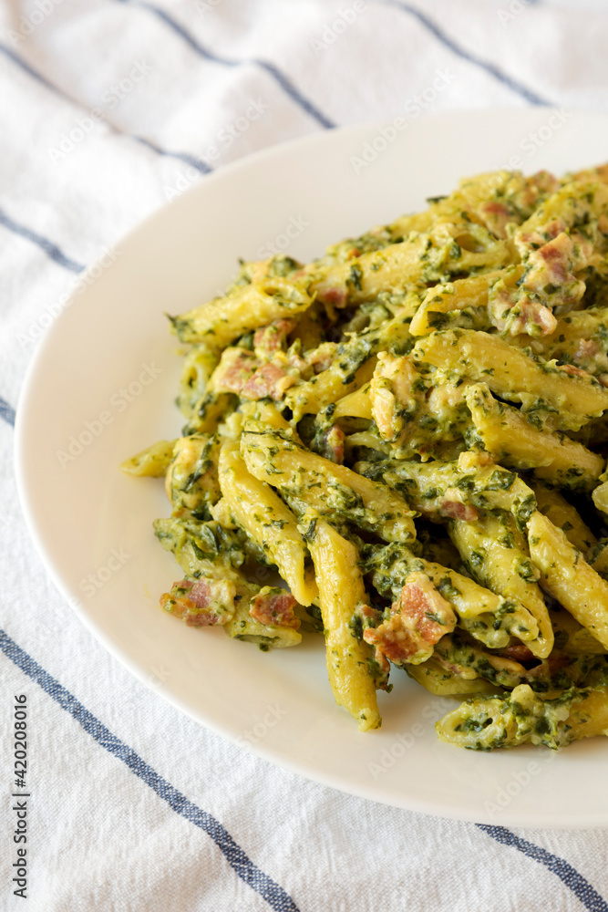 Homemade One-Pot Chicken Spinach Bacon Alfredo Pasta Ready to Eat, low angle view. Close-up. Homemade One-Pot Chicken Spinach Bacon Alfredo Pasta Ready to Eat, low angle view. Close-up.