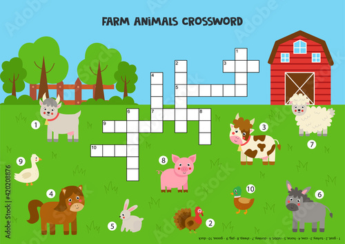 Crossword puzzle for kids with cute farm animals.
