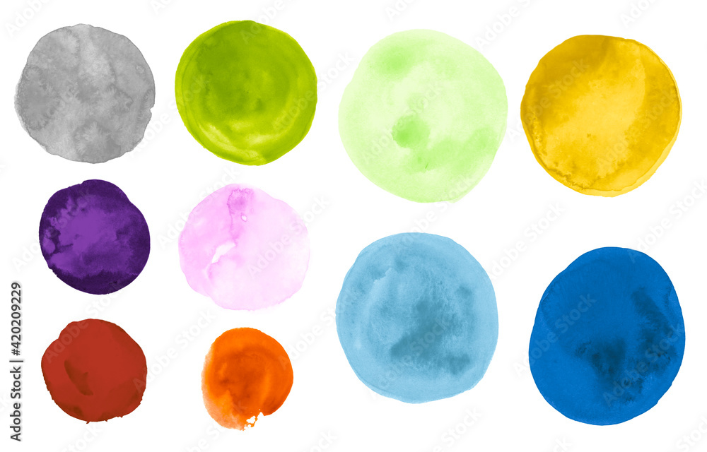 Colorful Watercolor Round Collection. Art Abstract Blot Background. Graphic Drawing with Stain on Paper. Watercolor Circles Collection. Creative Drawn Shape. Brush Watercolor Circles Set.