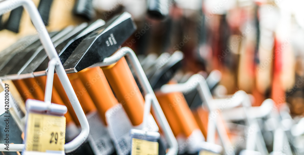 Hammers presented in a hardware store Hammers presented in a hardware store