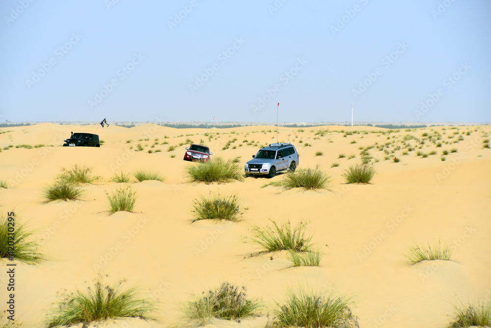 Obraz premium Dubai, United Arab Emirates – March 12, 2021, early morning off-roading and dune bashing around Al Qudra Lake with UAE Offroaders, one of best attractions in UAE