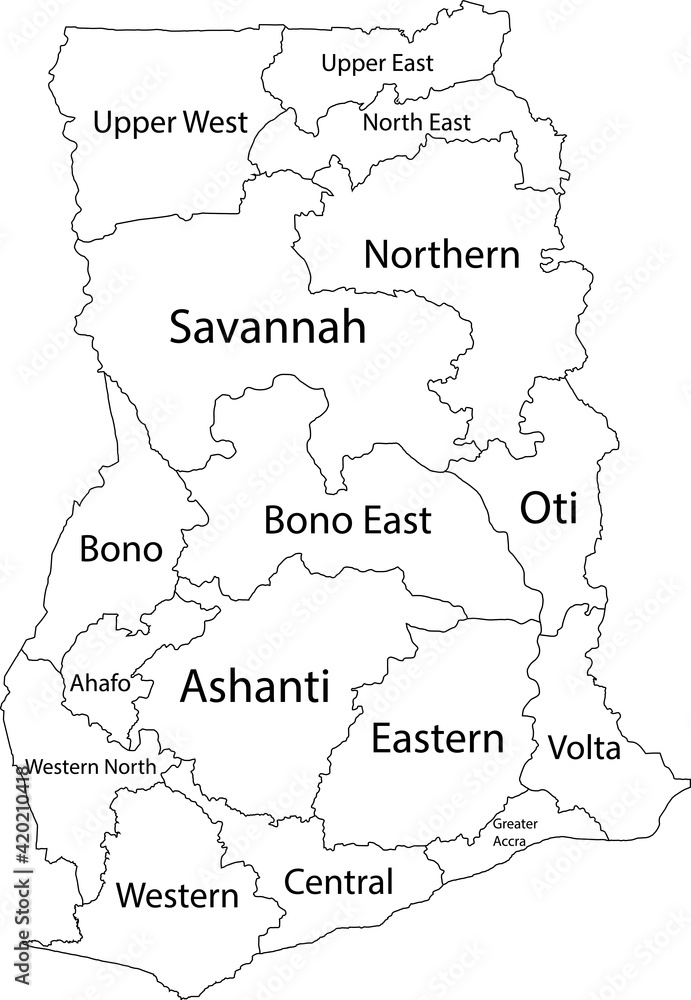 Φωτογραφία White vector map of the Republic of Ghana with black borders and names of its re