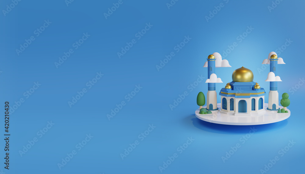 blue mosque on right side of background illustration 3D