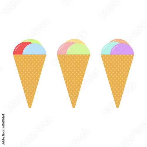 Vector set of waffle rolls with different color ice cream on a white isolated background. Flat design. For various purposes of design.