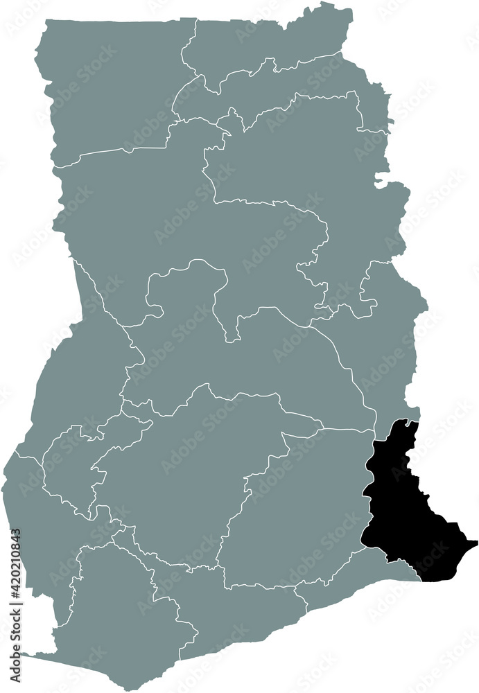 Black highlighted location map of the Ghanaian Volta region inside gray map of the Republic of Ghana Black highlighted location map of the Ghanaian Volta region inside gray map of the Republic of Ghana