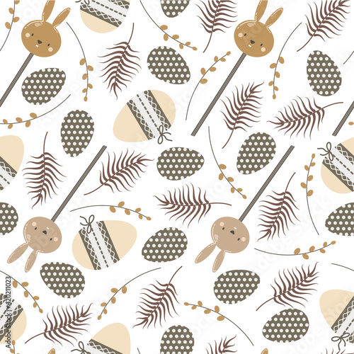 Eggs, rabbits and pussy willow branches seamless pattern on white background