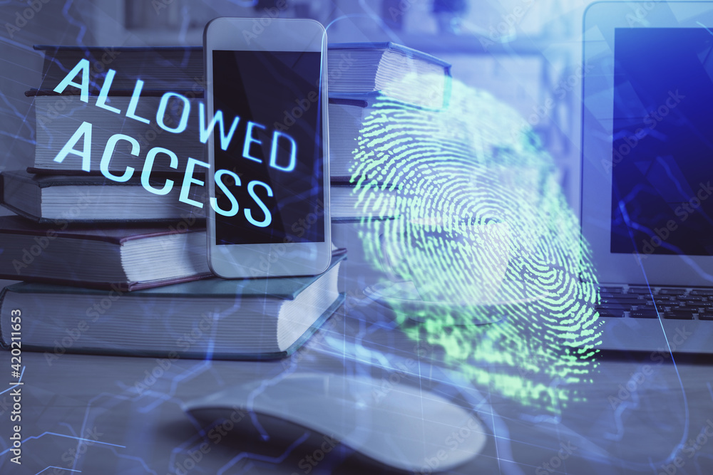 Double exposure of fingeprint drawing and cell phone background. Concept of mobile security Double exposure of fingeprint drawing and cell phone background. Concept of mobile security