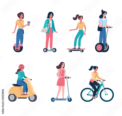 women ride modern electric scooters, skateboards, bicycles, mopeds. Eco friendly alternative vehicles set. Vector girls in flat style