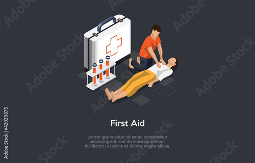 Vector Illustration In Cartoon 3D Style. Isometric Composition On Dark Background With Text. First Aid Concept Design With Two Characters. People, Big Medkit And Test Tubes. Medical Emergency Help