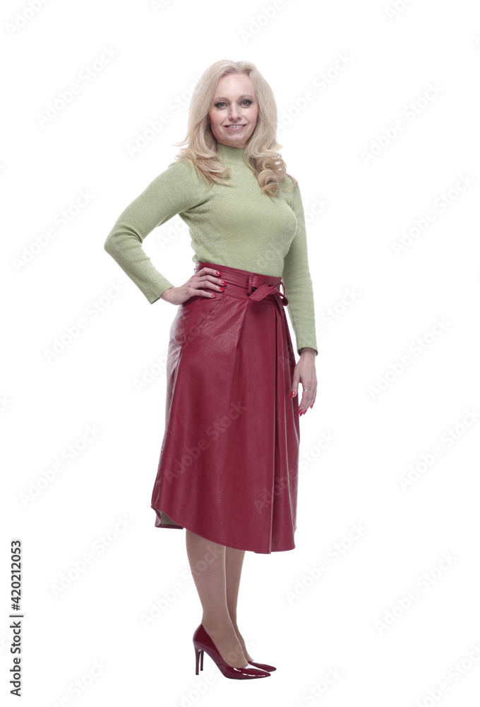 attractive young woman in red skirt looking at the camera.