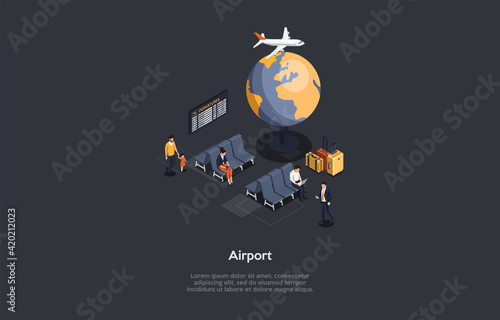 Airport Interior Composition. Vector Illustration, Cartoon 3D Style. Isometric Design With Writings, Dark Background. Group Of People Sitting Inside And Waiting For Flight. Plane Arrival And Departure