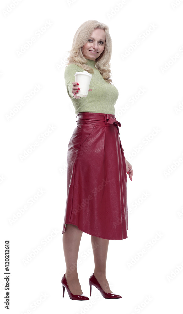 attractive young woman offering you a Cup of coffee to take away. attractive young woman offering you a Cup of coffee to take away.