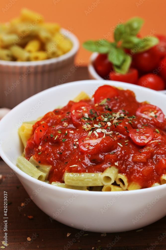 Homemade pasta with tomato sauce. Homemade pasta with tomato sauce.