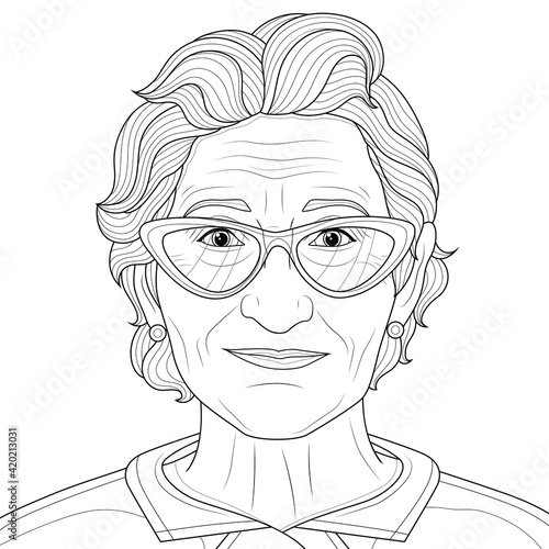 Old woman with glasses.Coloring book antistress for children and adults. Illustration isolated on white background.Zen-tangle style. Hand draw