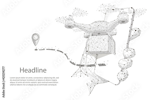 Hand holds a smartphone on the screen watching the delivery tracking. Quadcopter courier. Technology autonomous Delivery shipping by air. Autonomous logistics. Vector illustration.