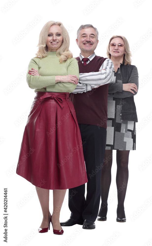 friendly young woman standing first in line. isolated on a white
