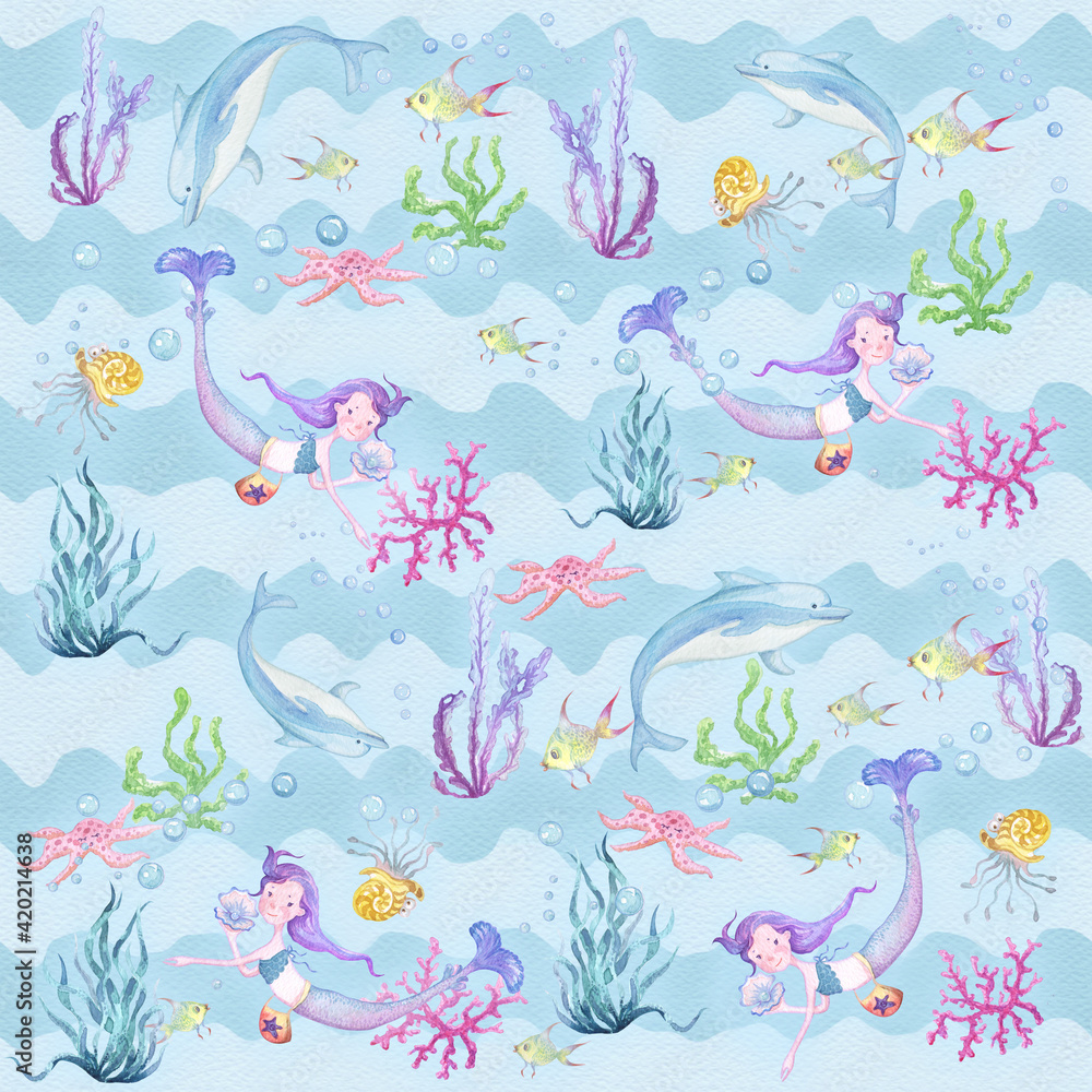 Seamless colorful pattern with mermaid and dolphins on a blue background.