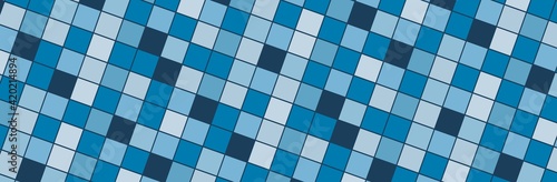 Squares tightly placed next to each other all in different shades of blue in a panoramic background view