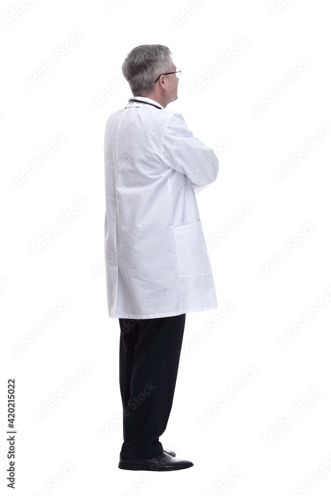 friendly doctor looking at the white big screen friendly doctor looking at the white big screen