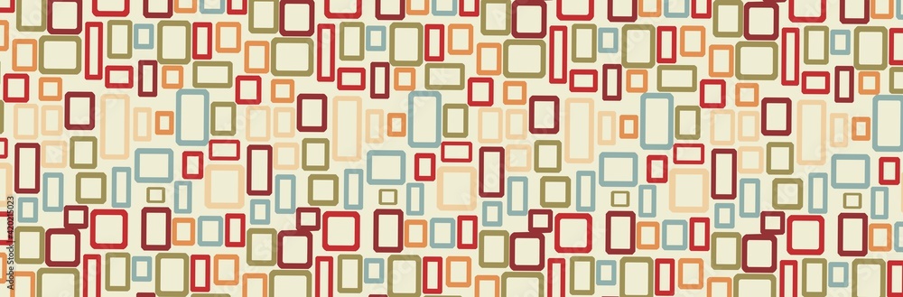 Colored rectangles randomly scattered on a light beige background in a panoramic frame