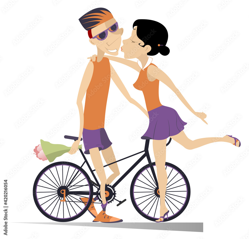 Woman kissing a cyclist man who has won the race illustration. Young woman kissing a cyclist with the bike and bunch of flowers isolated on white illustration Woman kissing a cyclist man who has won the race illustration. Young woman kissing a cyclist with the bike and bunch of flowers isolated on white illustration