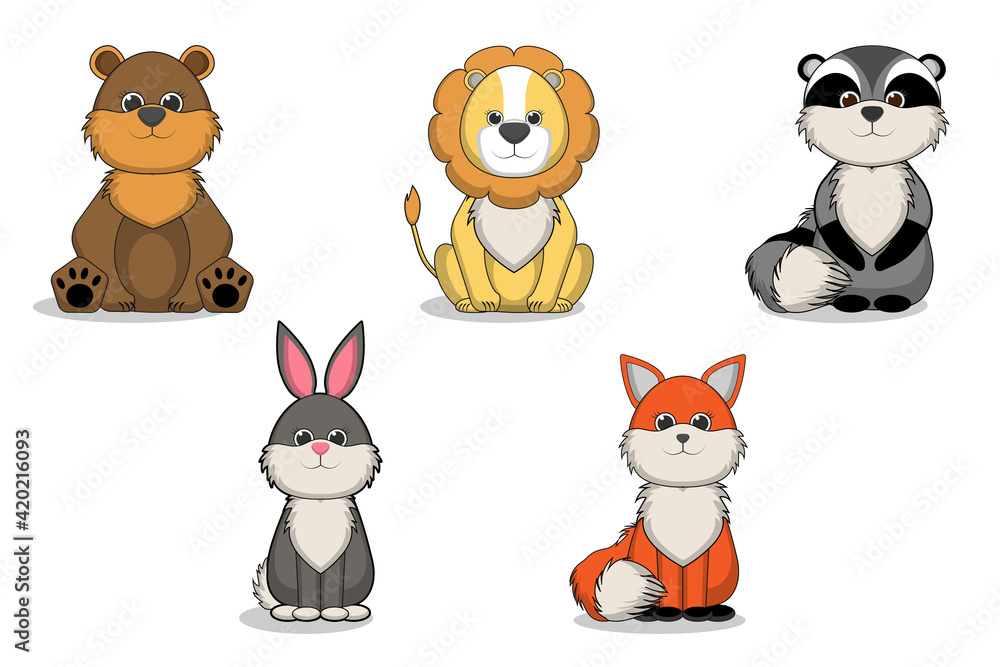 Cute wild animals set including bear, lion, raccoon, rabbit, and fox ...