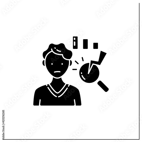 Analysis paralysis glyph icon.Excessive thinking of information can lead to its paralysis.Stop thinking about information. Filled flat sign. Isolated silhouette vector illustration
