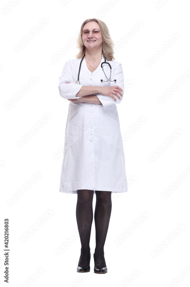 smiling woman doctor looking at you. isolated on a white smiling woman doctor looking at you. isolated on a white