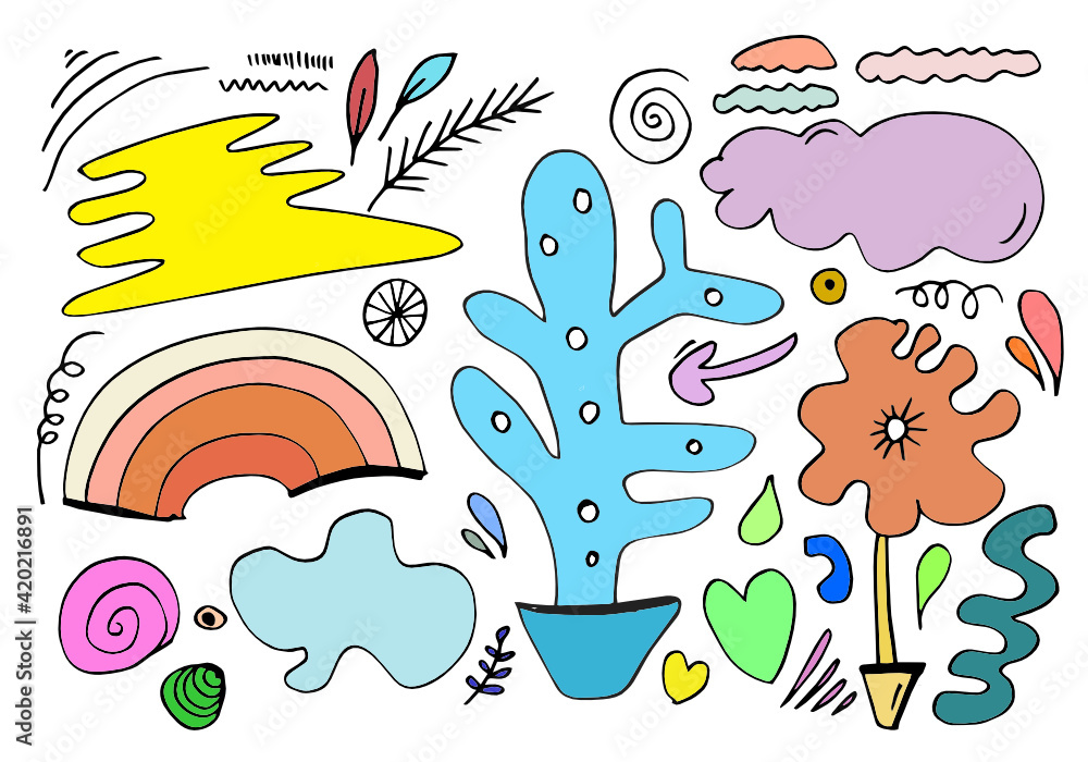 hand drawn various shapes and doodle objects. Abstract contemporary modern trendy vector illustration. 