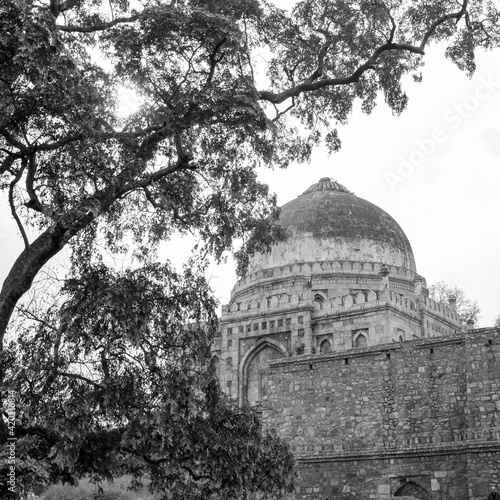 Mughal Architecture inside Lodhi Gardens, Delhi, India, Arches Inside the The Three-domed mosque in Lodhi Gardens is said to be the Friday mosque for Friday congregations photo