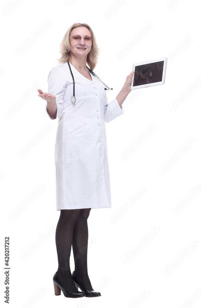 friendly female doctor with a digital tablet looking at you friendly female doctor with a digital tablet looking at you