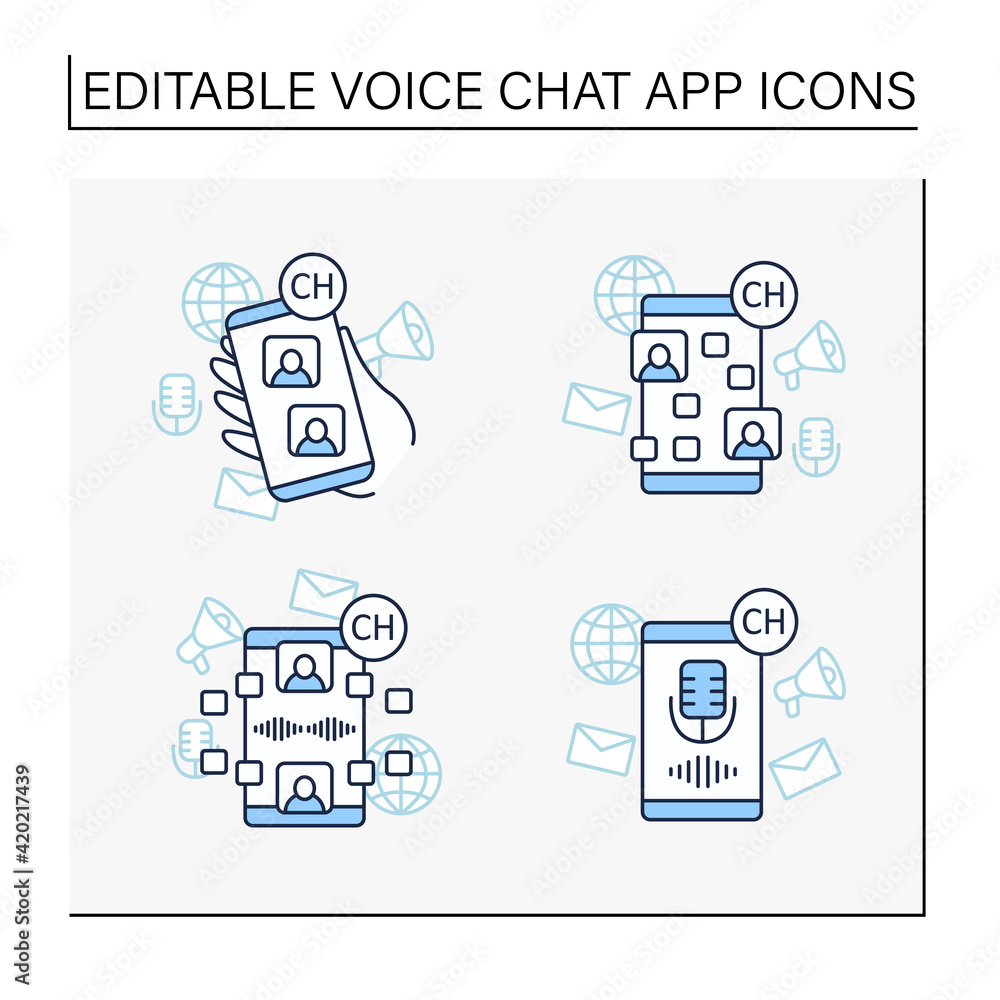 Drop in audio app line icons set. Communication application with friends.Voice messaging, chat. Voice communication concept. Isolated vector illustrations. Editable stroke Drop in audio app line icons set. Communication application with friends.Voice messaging, chat. Voice communication concept. Isolated vector illustrations. Editable stroke