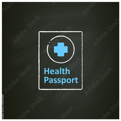 Health passport chalk icon. Personal medical document. Vaccination passport. Covid19 concept. Isolated vector illustration on chalkboard